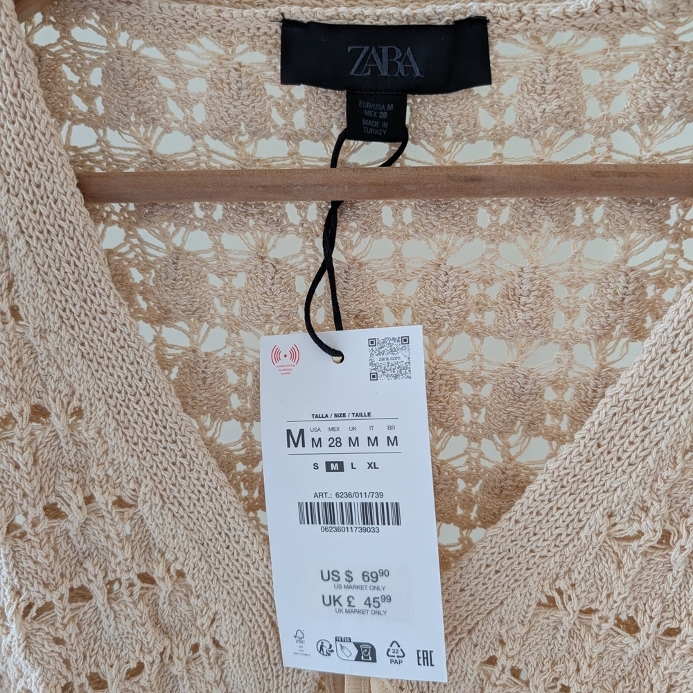 NWT Zara Crochet Open Knit Ruffled Hem Tie-Front Cardigan In Apricot - M - Picture 11 of 11